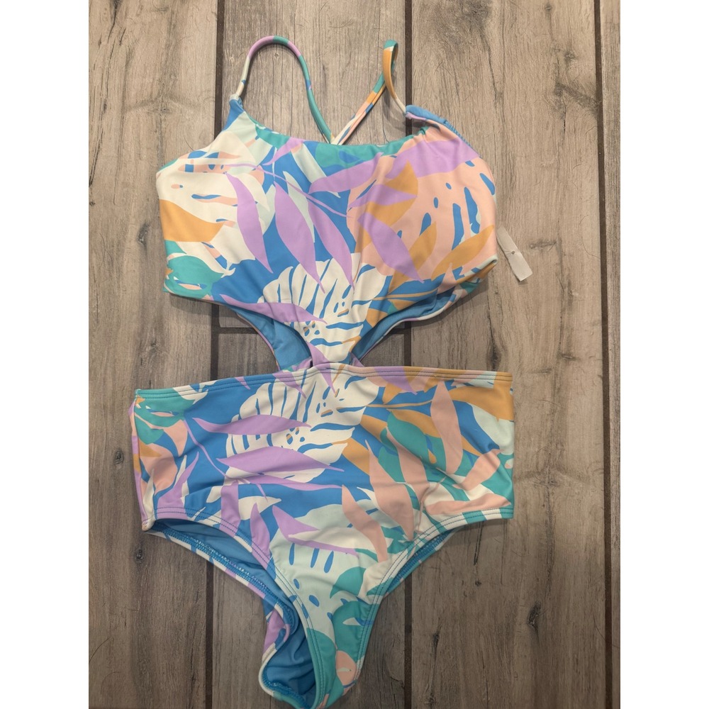 O'Neill Girls Tropical Palm Monokini Cut Out One Piece Swimsuit Blue Size 12